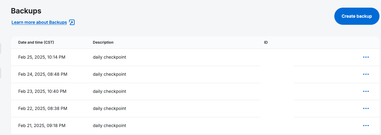 WP Engine Site Backups Screen